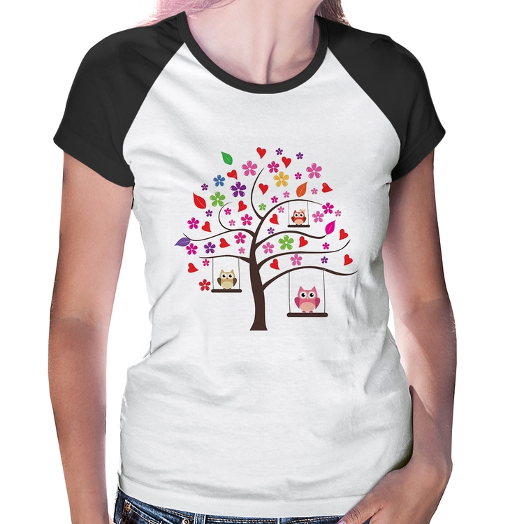 Baby Look Raglan Árvore Corujas