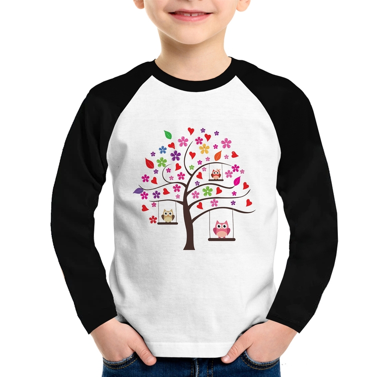 Camiseta Raglan Infantil Árvore Corujas Manga Longa