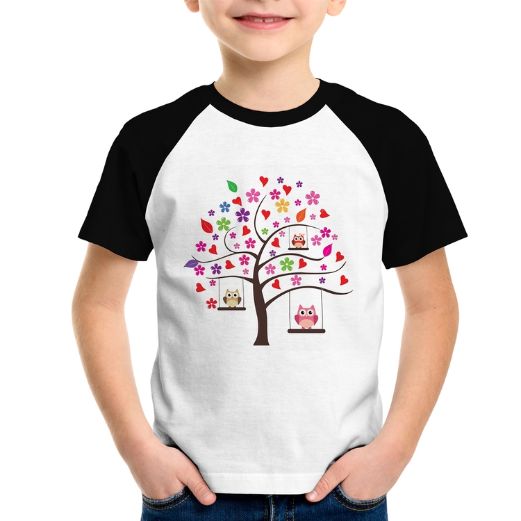 Camiseta Raglan Infantil Árvore Corujas