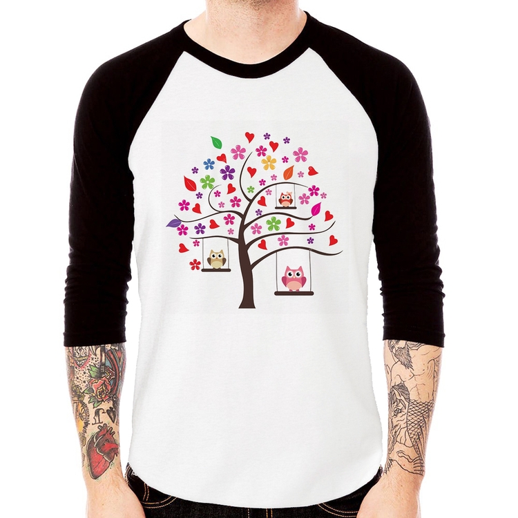 Camiseta Raglan Árvore Corujas Manga 3/4