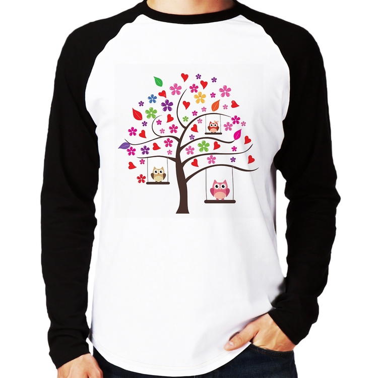 Camiseta Raglan Árvore Corujas Manga Longa