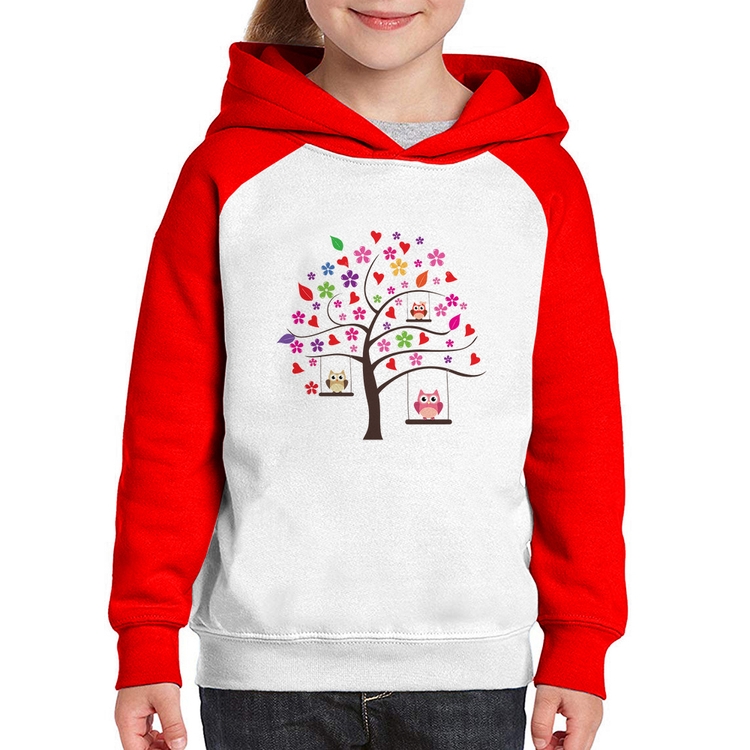 Moletom Infantil Árvore Corujas - Branco/Vermelho