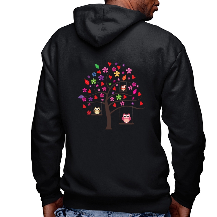 Blusa Moletom Árvore Corujas Masculina com Capuz e Zíper