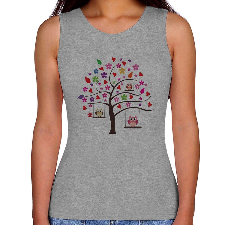 Regata Feminina Árvore Corujas - Cinza