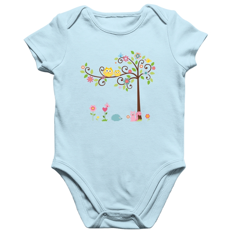 Body Bebê Algodão Árvore Flores E Animais - Azul Bebê