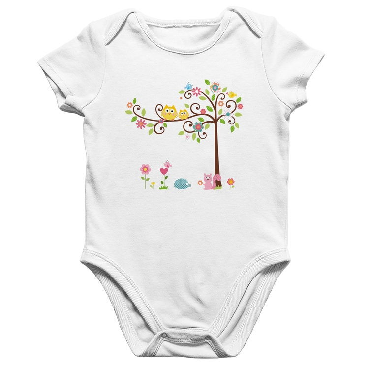 Body Bebê Algodão Árvore Flores E Animais - Branco