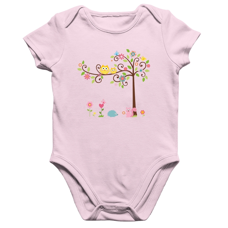 Body Bebê Algodão Árvore Flores E Animais - Rosa Bebê
