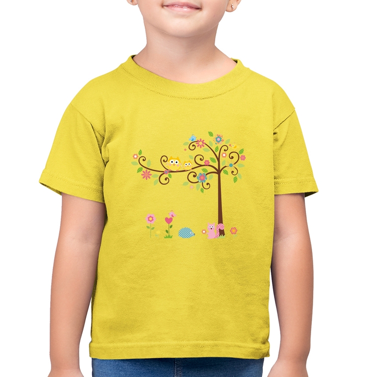 Camiseta Algodão Infantil Árvore Flores E Animais - Amarelo Canário