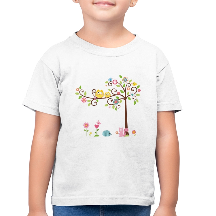 Camiseta Algodão Infantil Árvore Flores E Animais - Branca