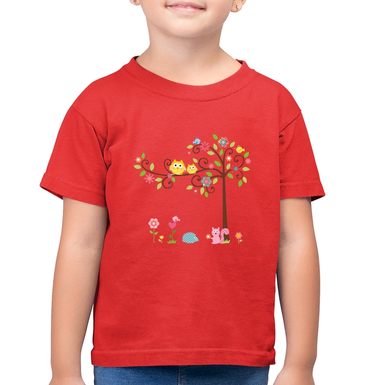 Camiseta Algodão Infantil Árvore Flores E Animais - Vermelha