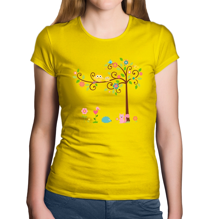 Baby Look Algodão Árvore Flores E Animais - Amarela