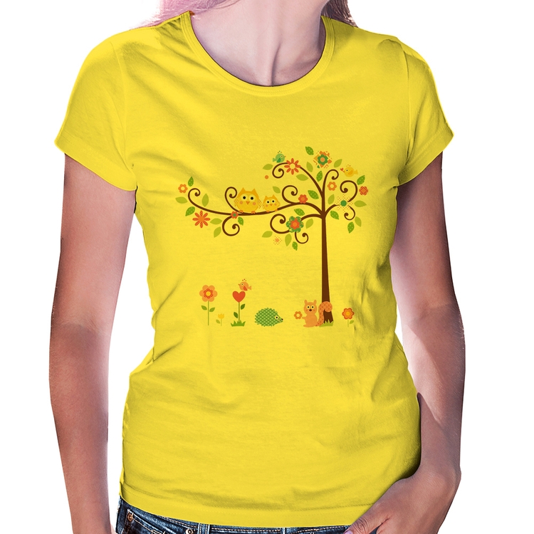 Baby Look Árvore Flores E Animais - Amarela