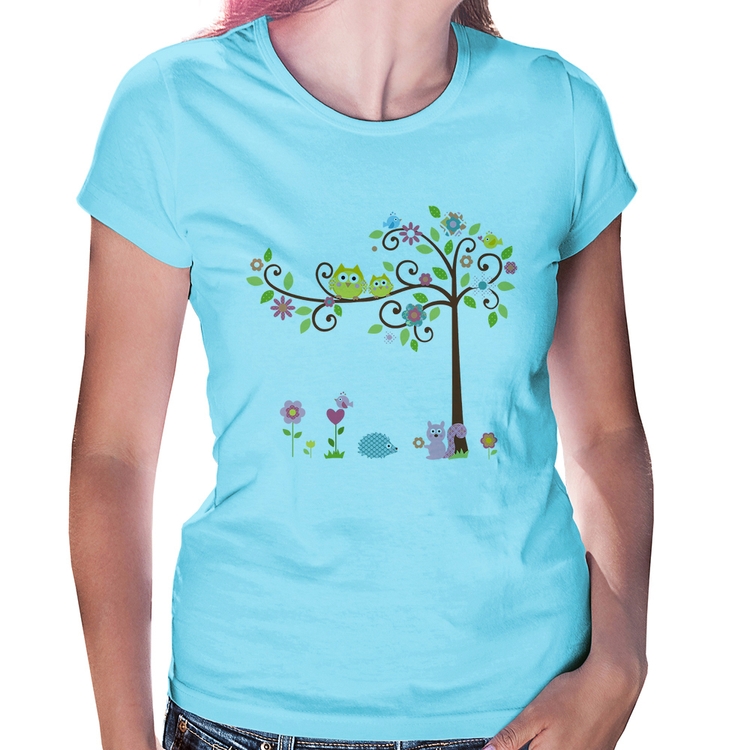 Baby Look Árvore Flores E Animais - Azul Bebê