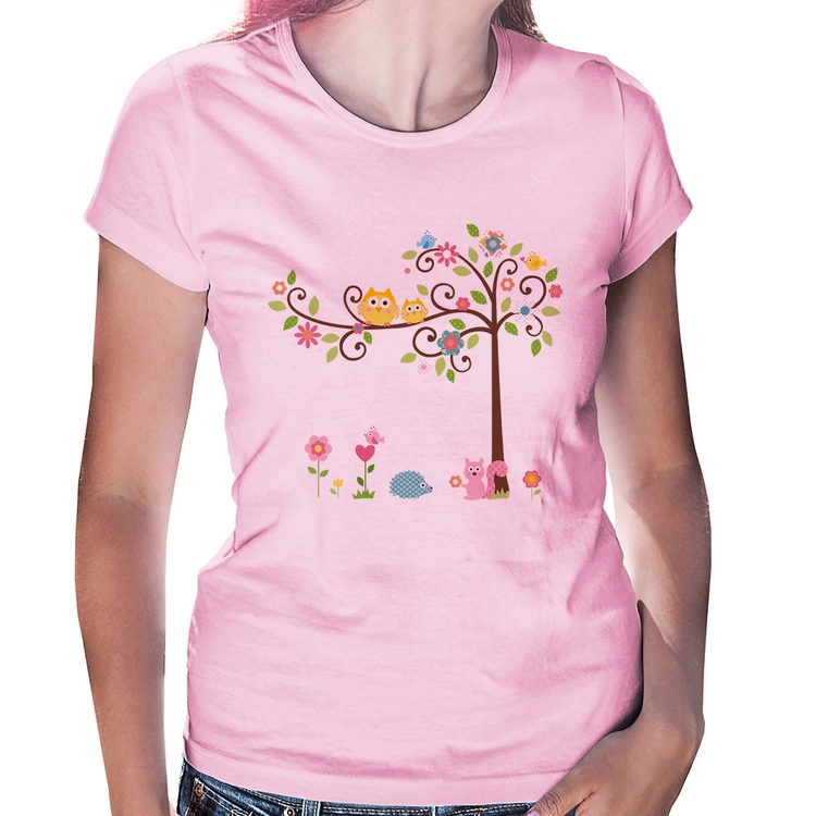 Baby Look Árvore Flores E Animais - Rosa Bebê