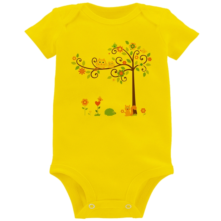 Body Bebê Árvore Flores E Animais - Amarelo