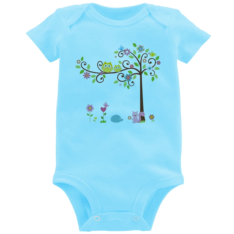 Body Bebê Árvore Flores E Animais - Azul Bebê
