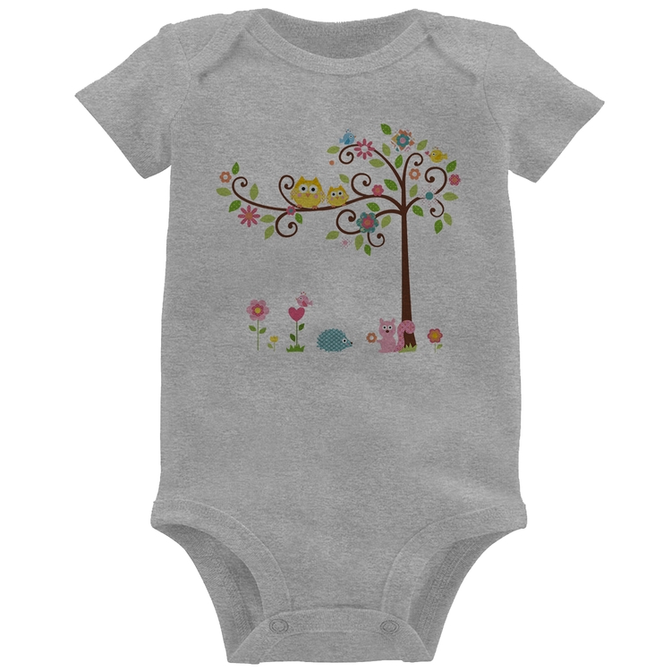 Body Bebê Árvore Flores E Animais - Cinza