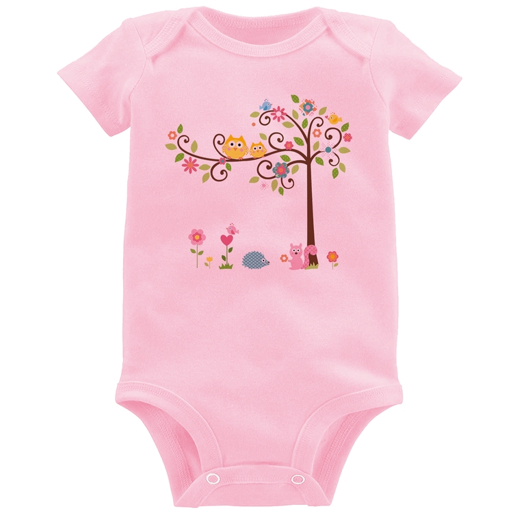 Body Bebê Árvore Flores E Animais - Rosa Bebê