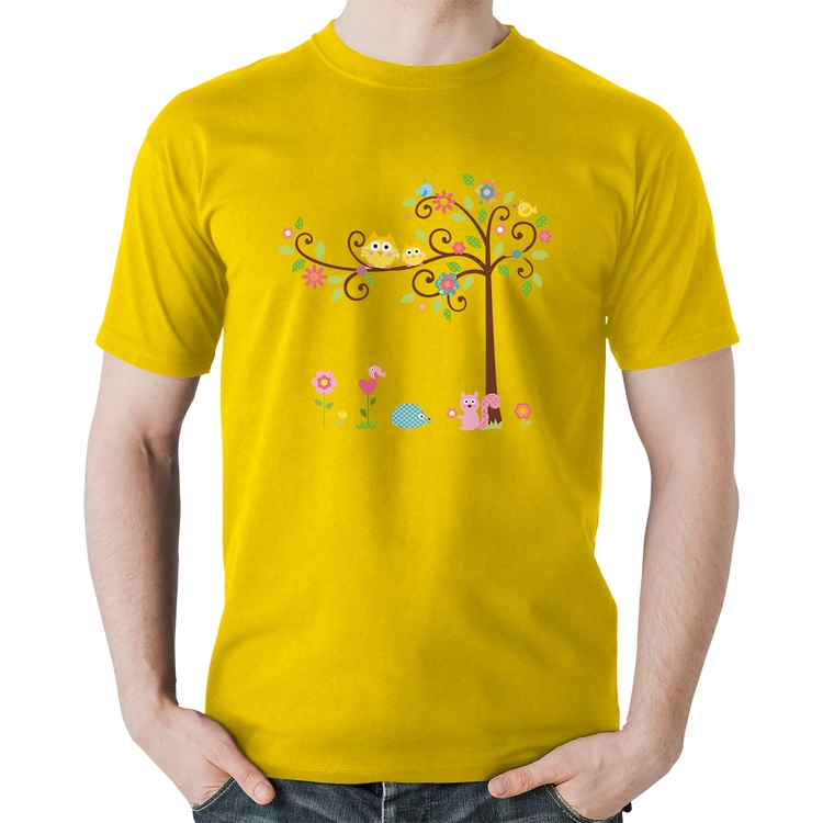 Camiseta Algodão Árvore Flores E Animais - Amarela