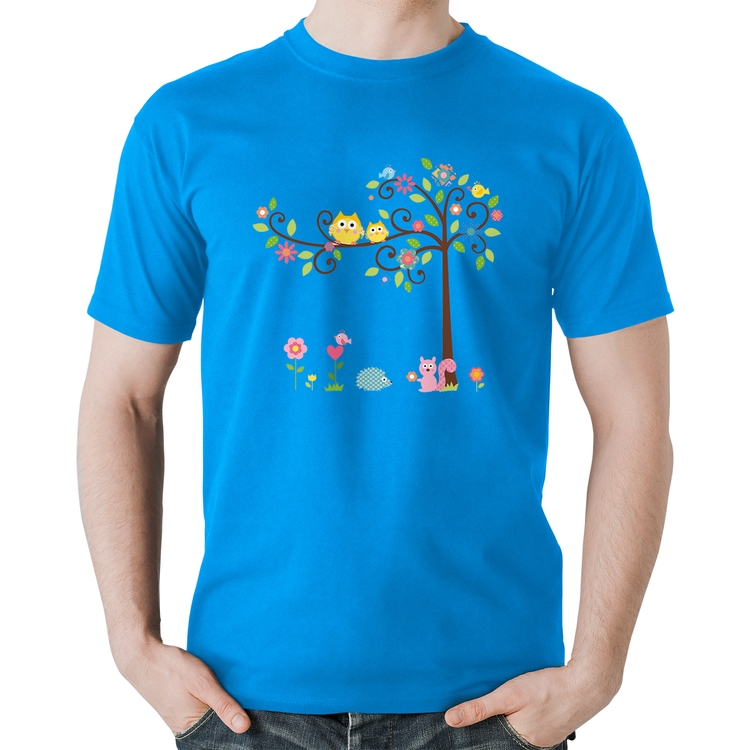 Camiseta Algodão Árvore Flores E Animais - Azul
