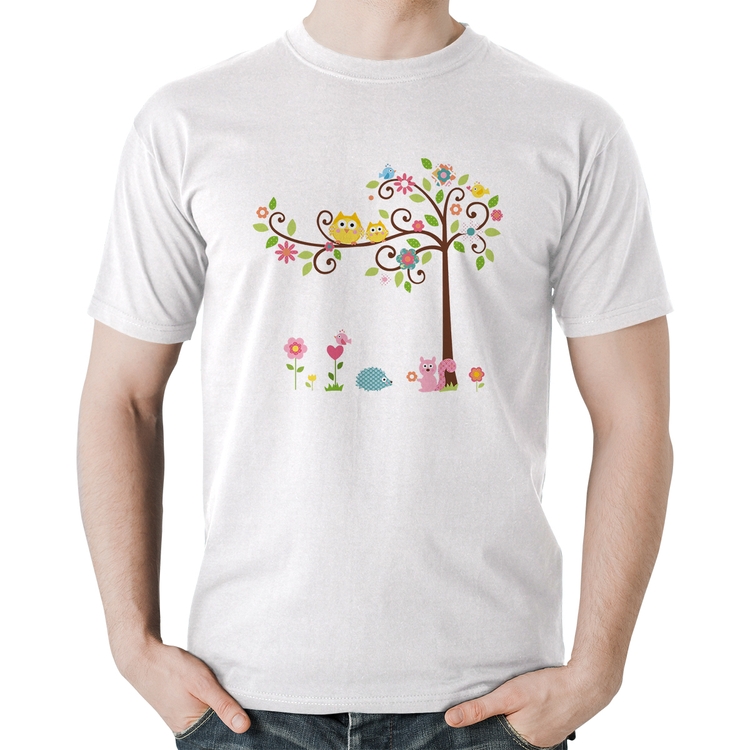 Camiseta Algodão Árvore Flores E Animais - Branca