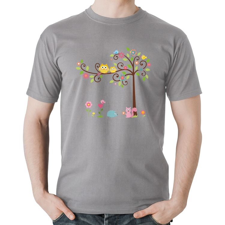 Camiseta Algodão Árvore Flores E Animais - Cinza