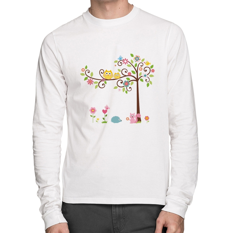 Camiseta Algodão Árvore Flores E Animais Manga Longa - Branca