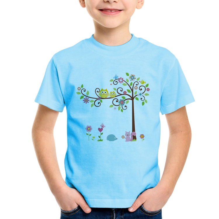 Camiseta Infantil Árvore Flores E Animais - Azul Bebê