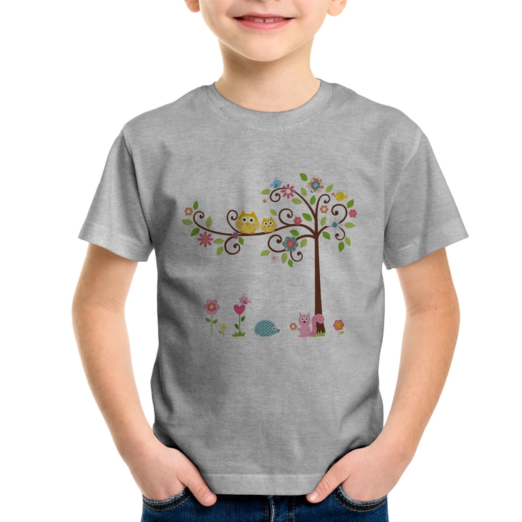 Camiseta Infantil Árvore Flores E Animais - Cinza