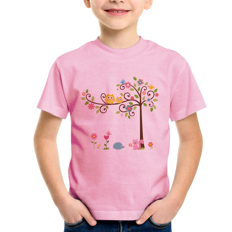 Camiseta Infantil Árvore Flores E Animais - Rosa Bebê