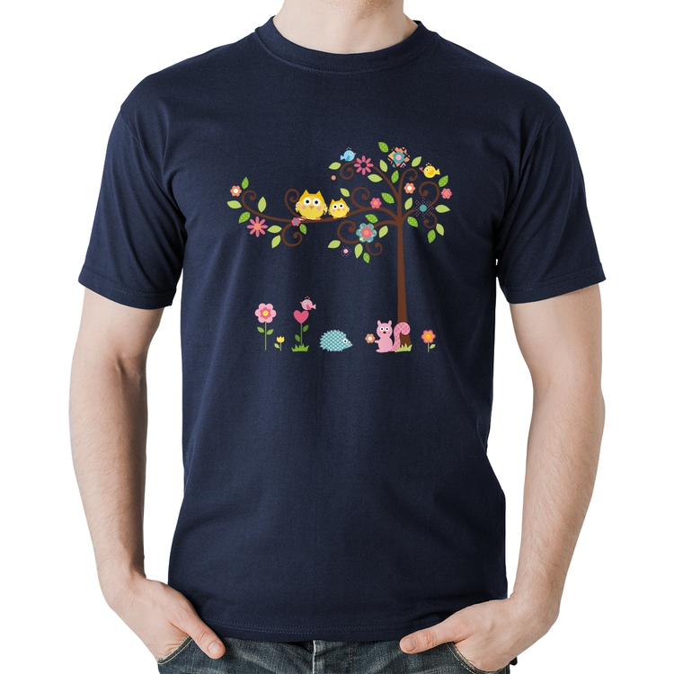 Camiseta Algodão Árvore Flores E Animais - Marinho