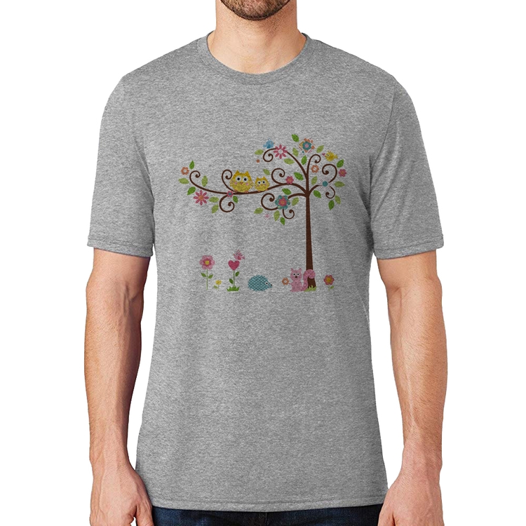 Camiseta Árvore Flores E Animais - Cinza