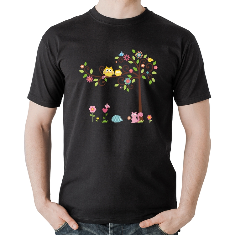 Camiseta Algod o rvore Flores E Animais