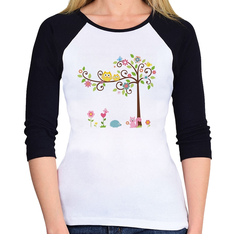 Baby Look Raglan Árvore Flores E Animais Manga 3/4