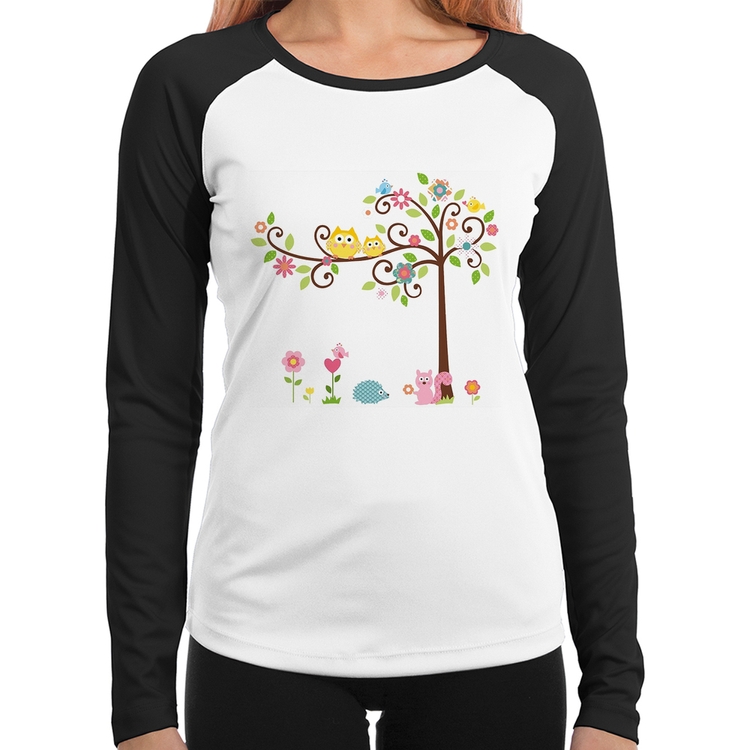 Baby Look Raglan Árvore Flores E Animais Manga Longa