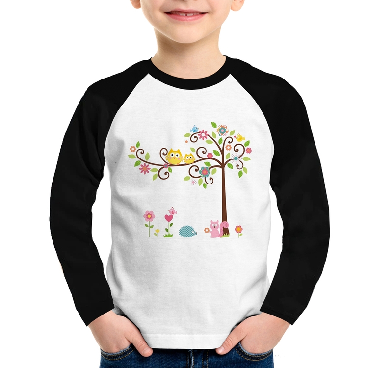 Camiseta Raglan Infantil Árvore Flores E Animais Manga Longa