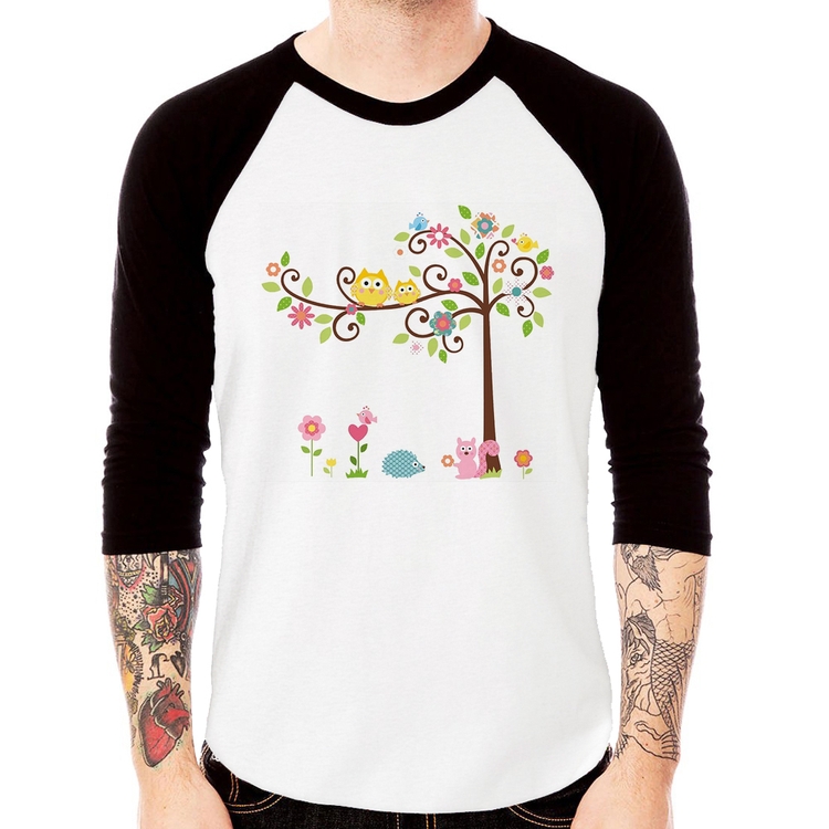 Camiseta Raglan Árvore Flores E Animais Manga 3/4