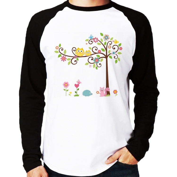 Camiseta Raglan Árvore Flores E Animais Manga Longa