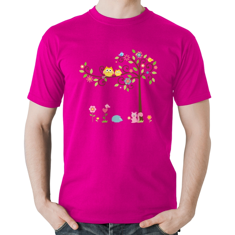 Camiseta Algodão Árvore Flores E Animais - Rosa
