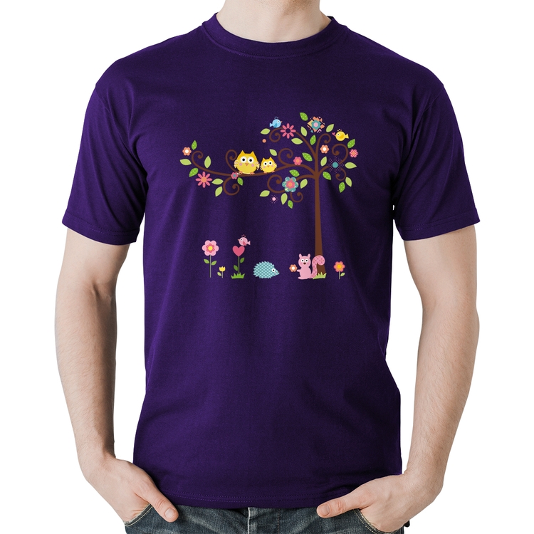 Camiseta Algodão Árvore Flores E Animais - Roxa
