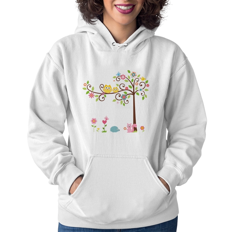 Moletom Feminino Árvore Flores E Animais - Branco