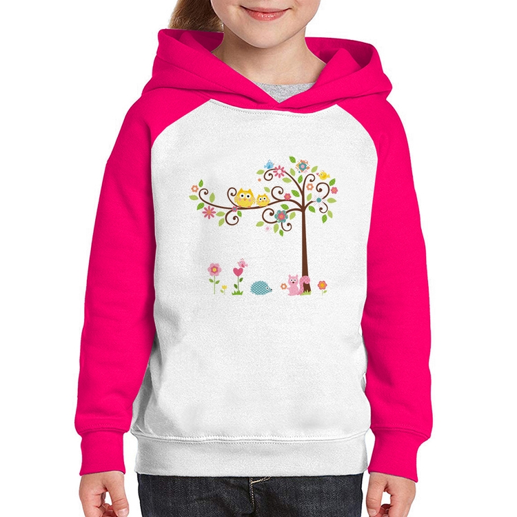 Moletom Infantil Árvore Flores E Animais - Branco/Rosa