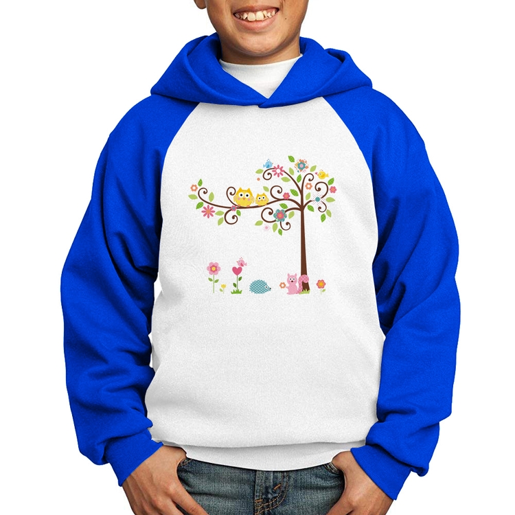 Moletom Infantil Árvore Flores E Animais - Branco/Azul