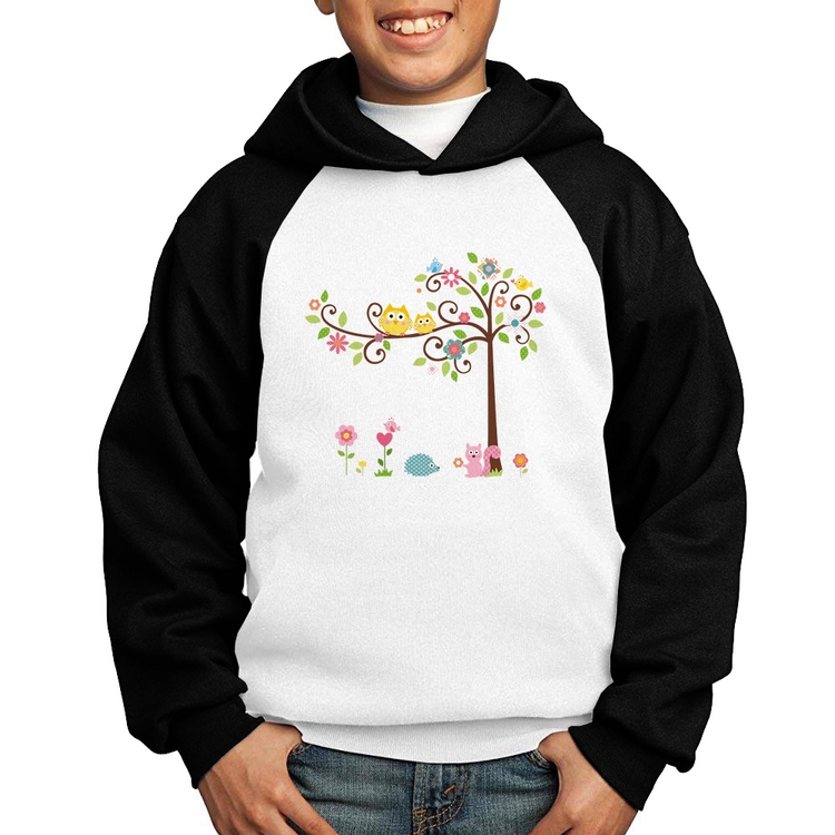 Moletom Infantil Árvore Flores E Animais - Branco/Preto