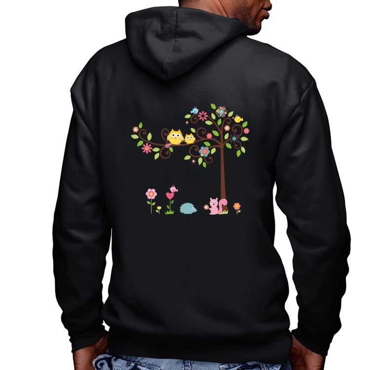 Blusa Moletom Árvore Flores E Animais Masculina com Capuz e Zíper