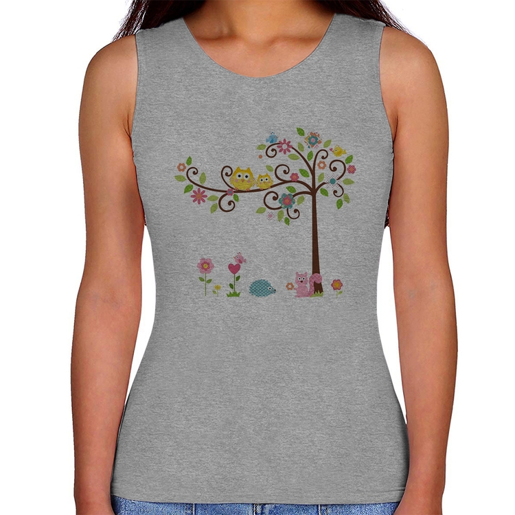 Regata Feminina Árvore Flores E Animais - Cinza