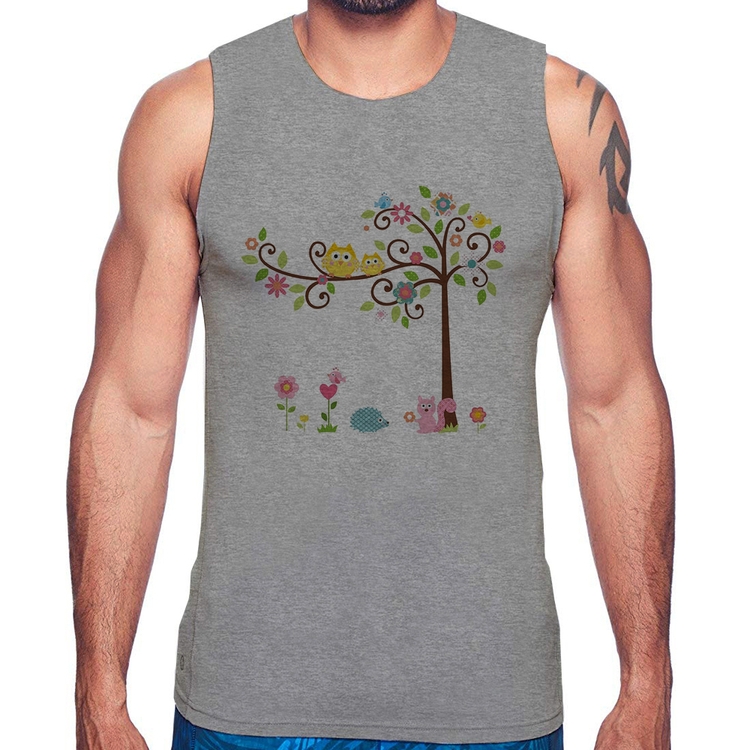 Regata Árvore Flores E Animais - Cinza