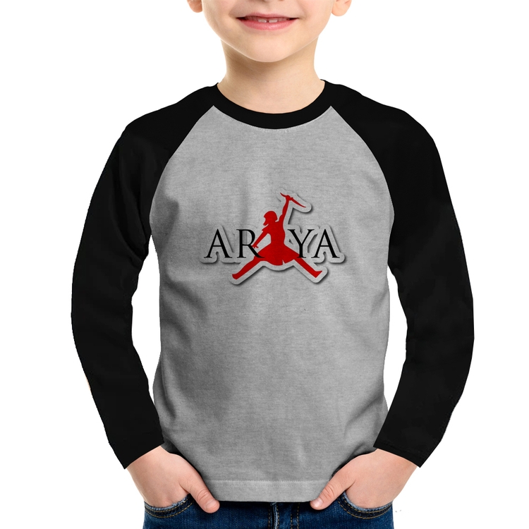 Camiseta Raglan Infantil Arya Stark Killing the Night King Manga Longa - Cinza/Preto