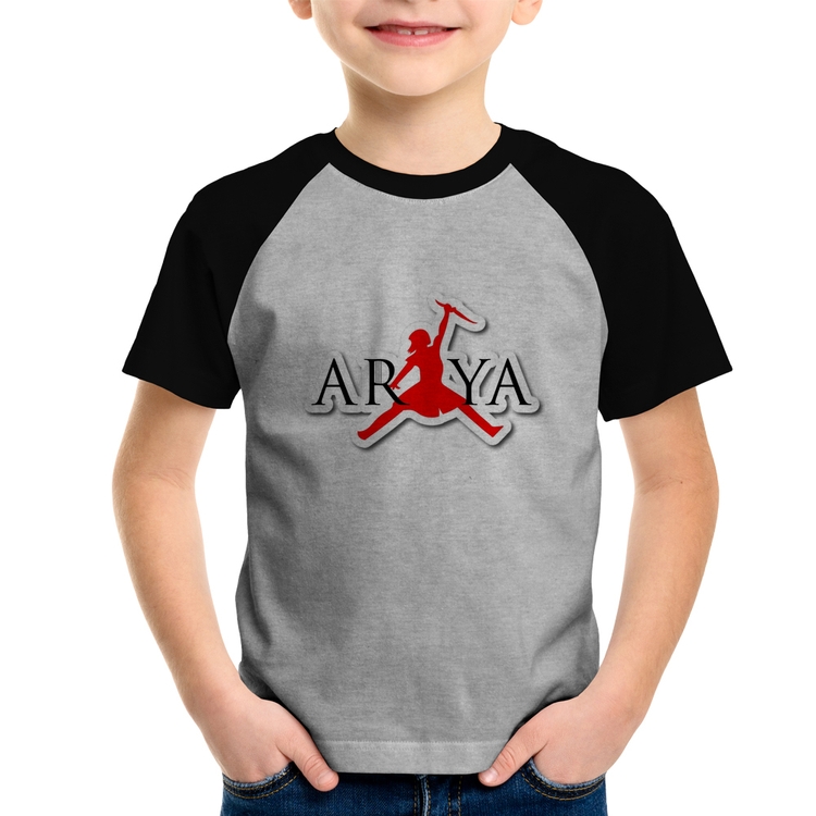 Camiseta Raglan Infantil Arya Stark Killing the Night King - Cinza/Preto