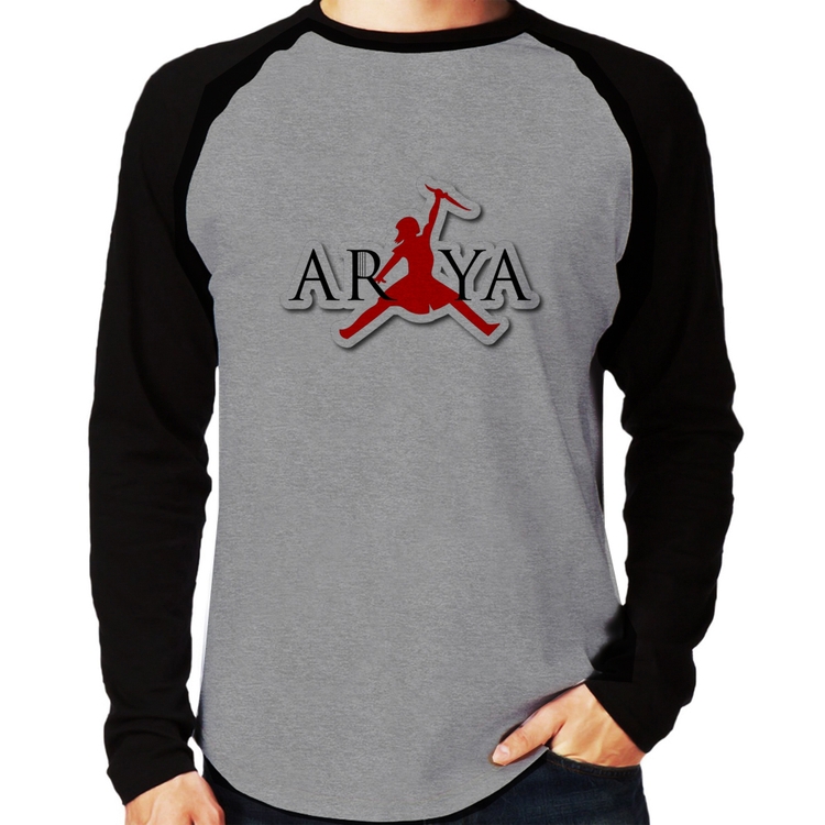 Camiseta Raglan Arya Stark Killing the Night King Manga Longa - Cinza/Preto